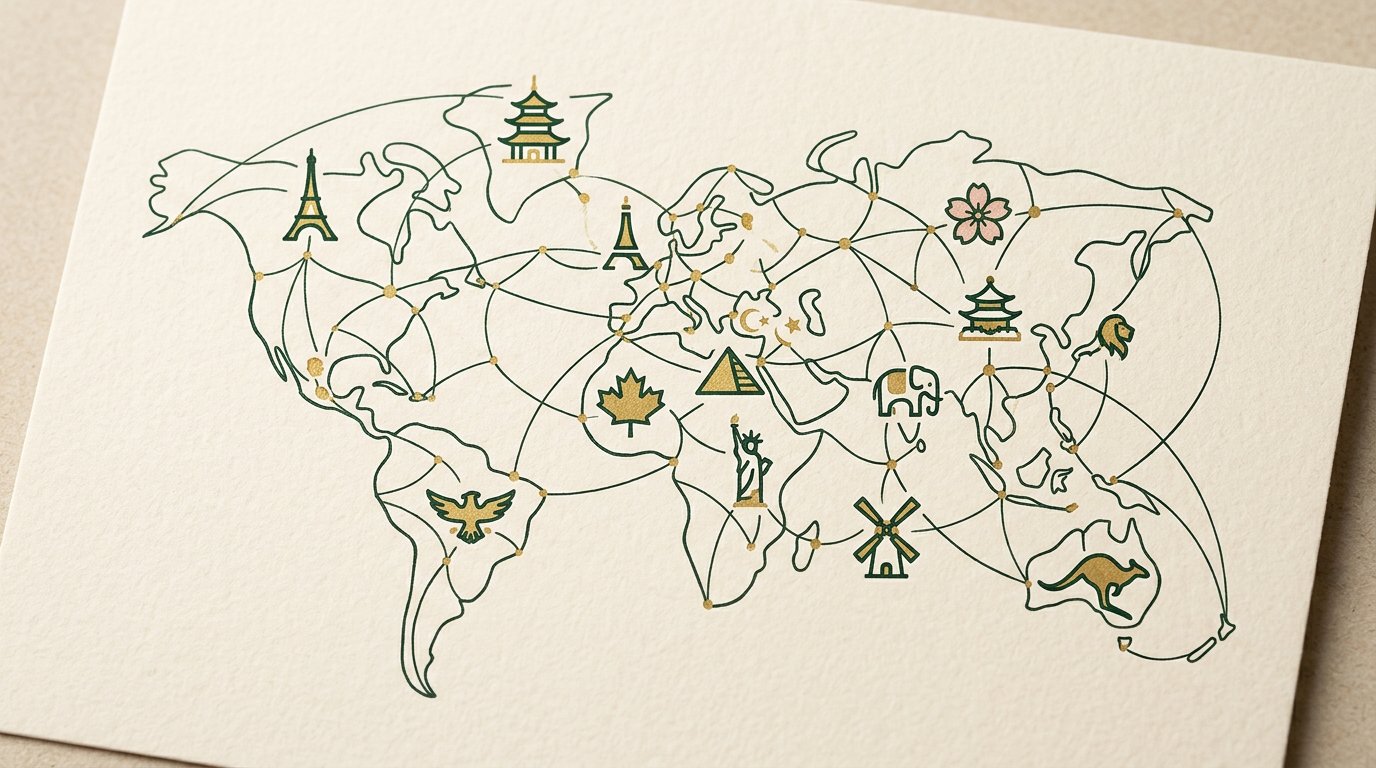 Abstrakte Wahrscheinlichkeitskurven in emerald und gold auf cremefarbenem Papier