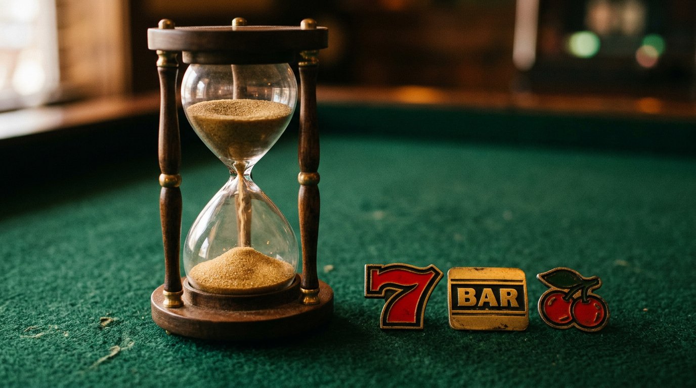 Sanduhr und Spielautomaten-Symbole in stilisierter Komposition