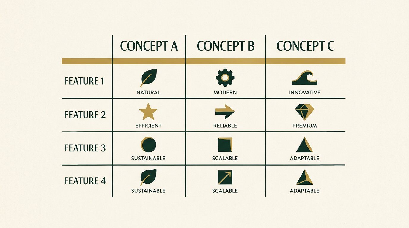 Vergleichstabelle in eleganter Editorial-Darstellung mit dunkelgrünen und goldenen Akzenten