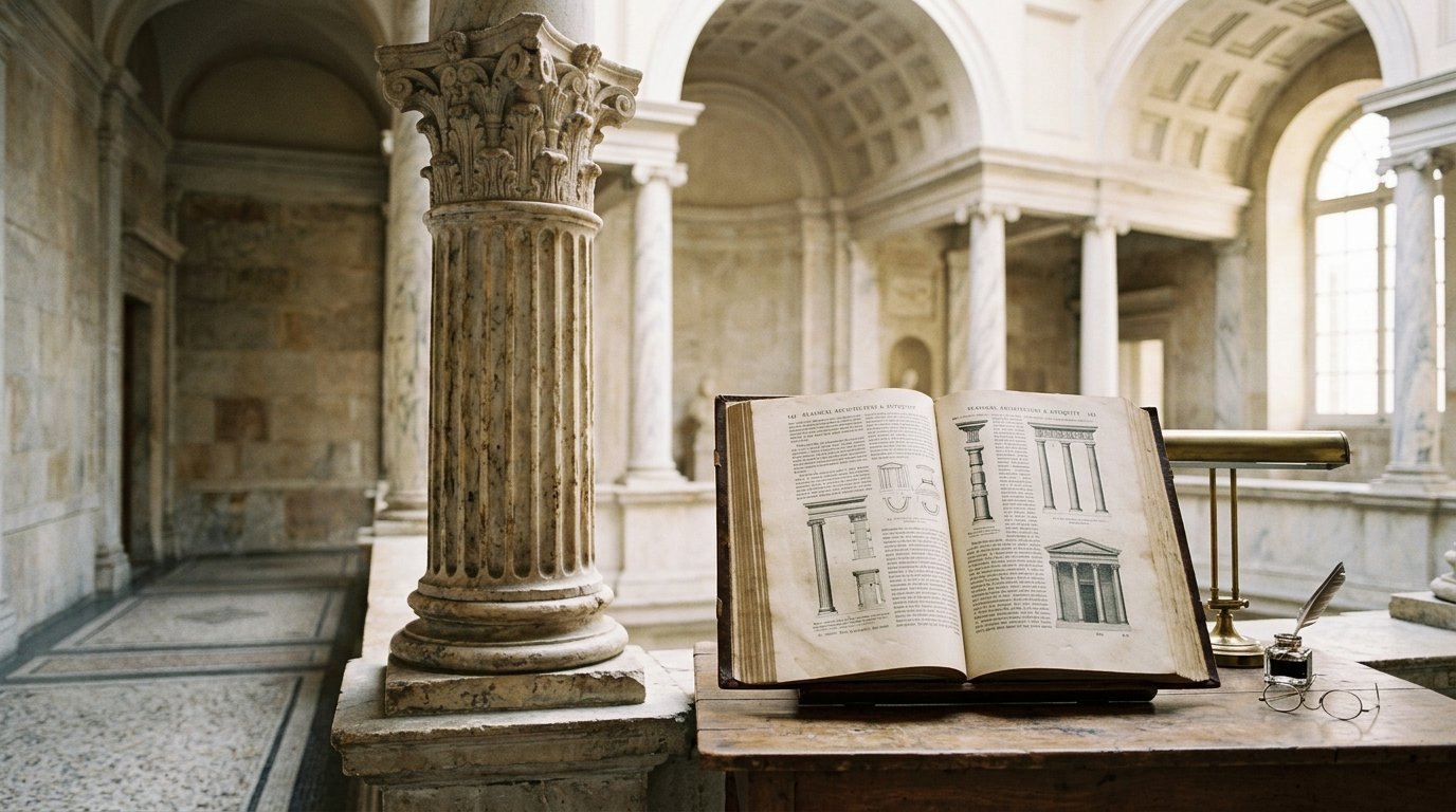 Editoriale Komposition mit Marmorsäule und Buch als Sinnbild für Entscheidung