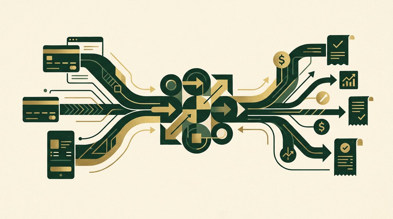 Abstrakte Wahrscheinlichkeitskurven in emerald und gold auf cremefarbenem Papier