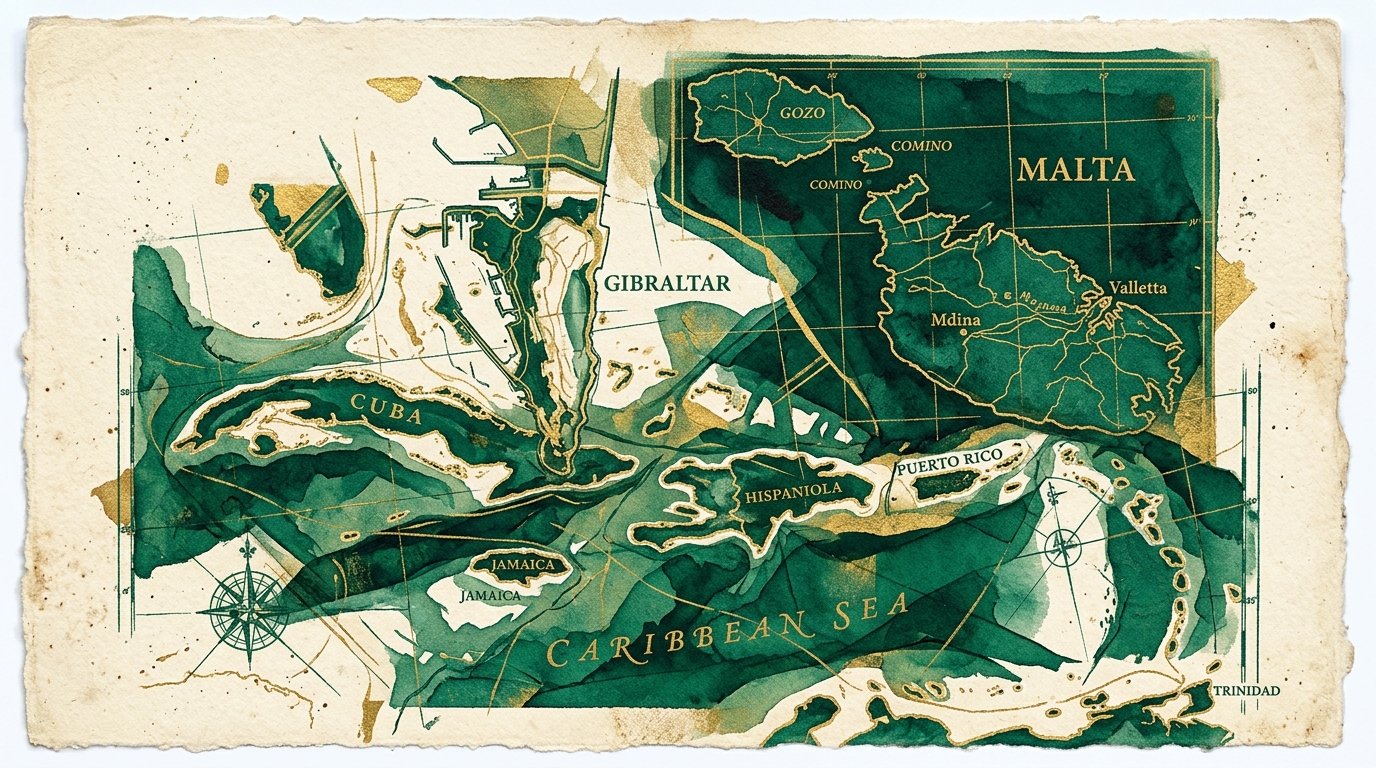 Überlagerte Karten von Malta, Gibraltar und der Karibik in Grün und Gold auf cremefarbenem Papier