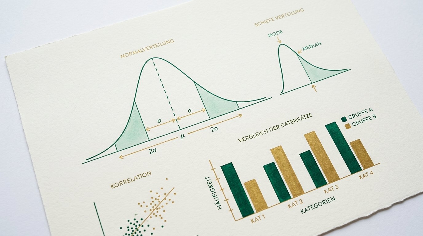 Minimalistische Wahrscheinlichkeitskurven in emerald und gold auf cremefarbenem Papier