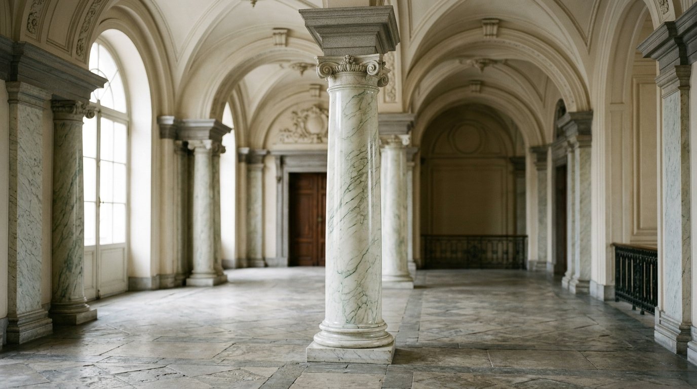 Editoriale Aufnahme einer polierten Marmorsäule mit grüner Maserung