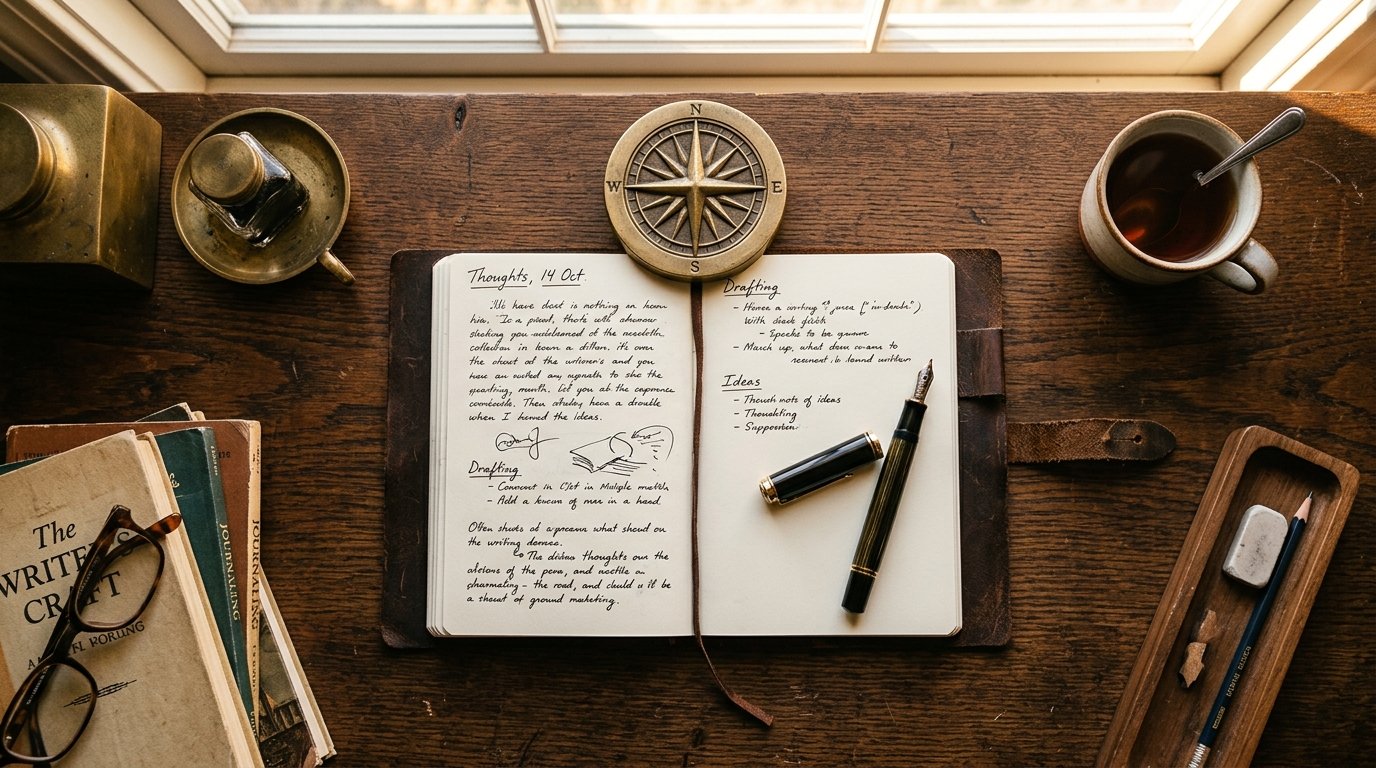 Editoriale Aufnahme eines Schreibtisches mit Notizbuch und Stift in warmer Beleuchtung