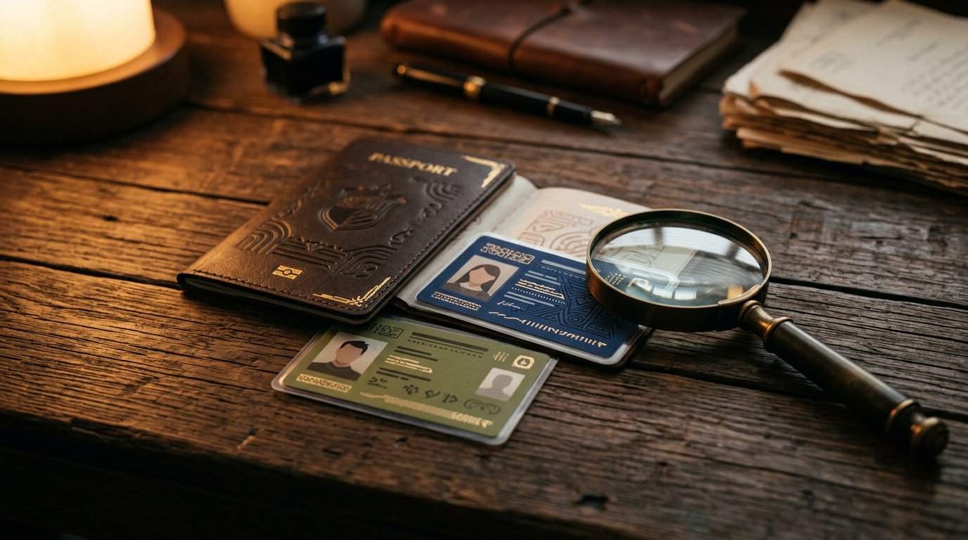 Stilisierte Identifikationsunterlagen und Lupe auf dunklem Holzschreibtisch