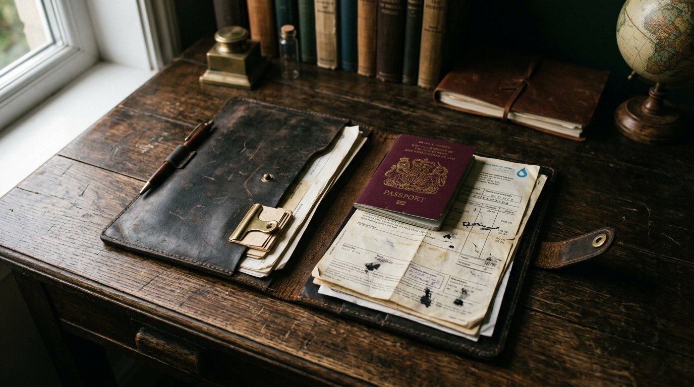 Stilisierte Dokumentenmappe mit Personalausweis und Stromrechnung