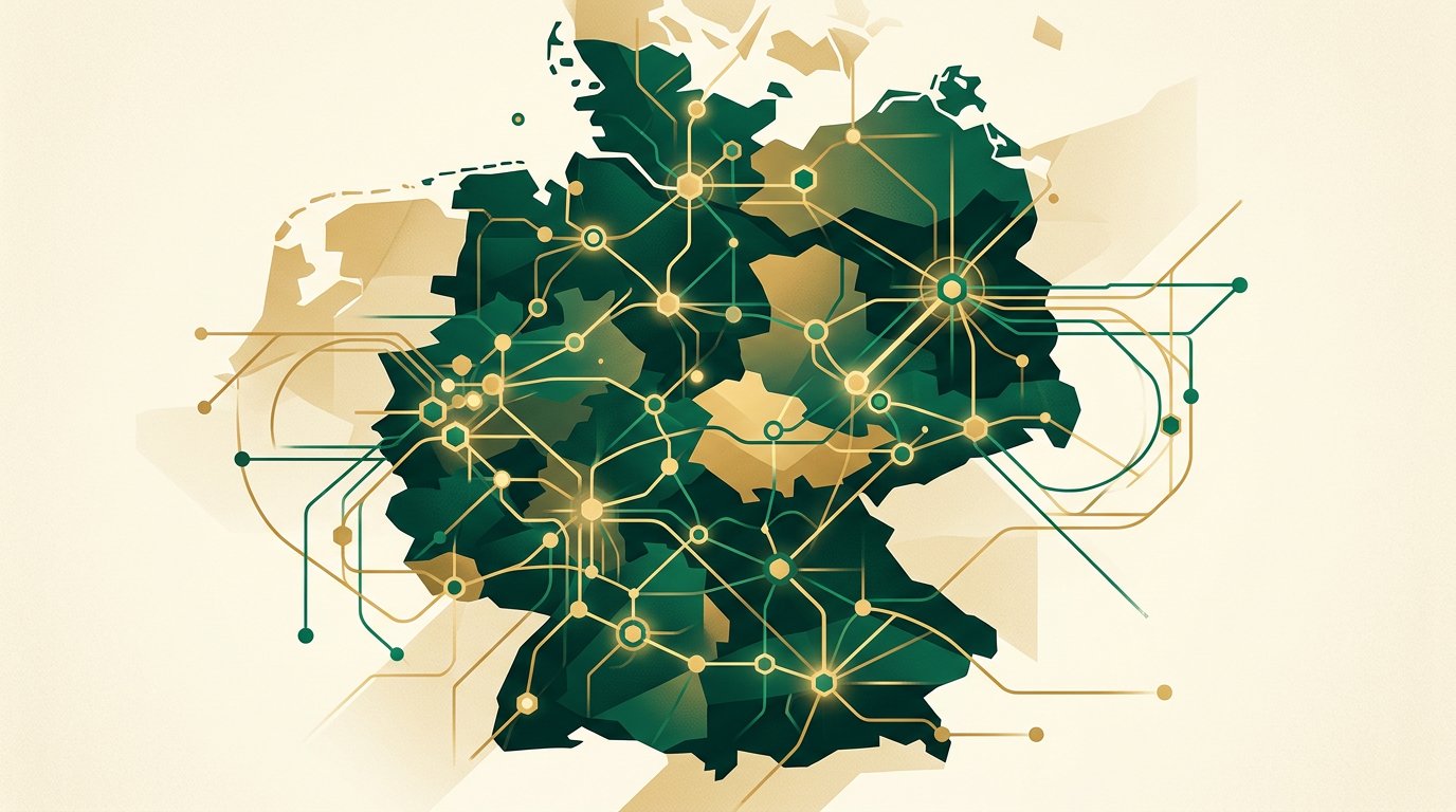 Abstrakte Netzwerk-Datenpunkte auf einer stilisierten Deutschlandkarte in emerald und gold