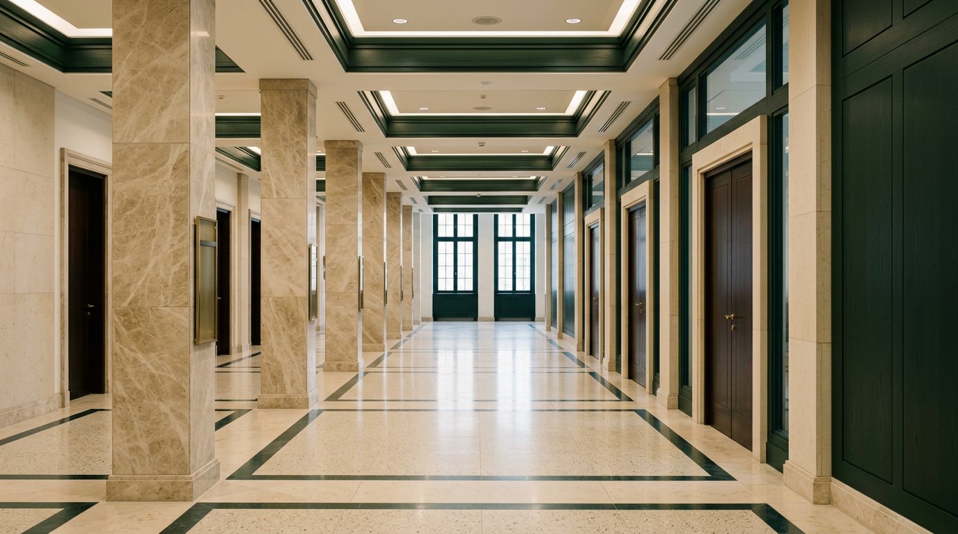 Leere moderne Justizhalle mit Marmorsäulen und gedämpften creme- und grünen Tönen