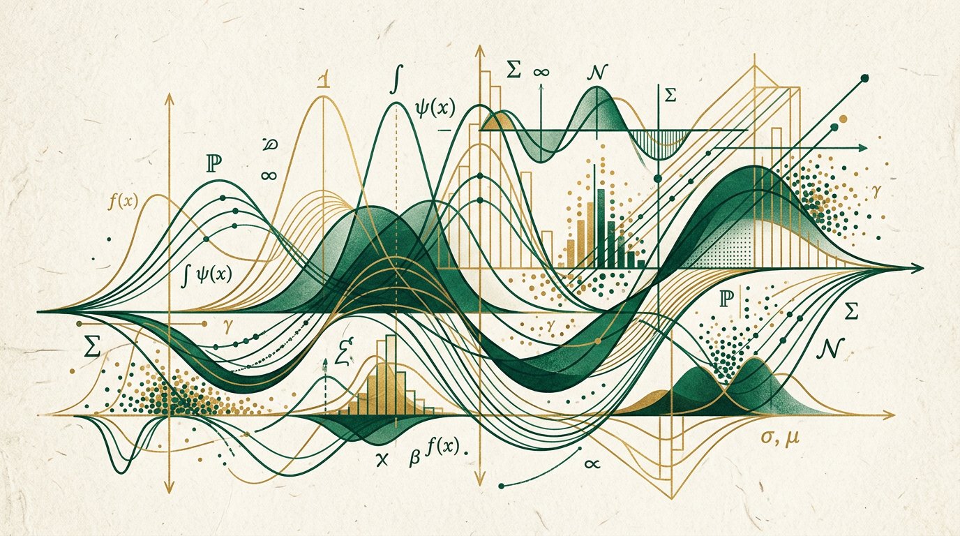 Abstrakte Wahrscheinlichkeitskurven in emerald und gold auf cremefarbenem Papier